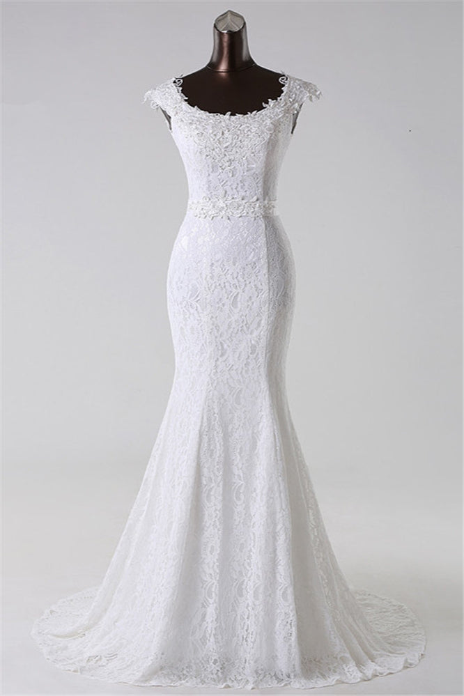 Gorgeous Lace Jewel Mermaid White Wedding Dresses with Appliques