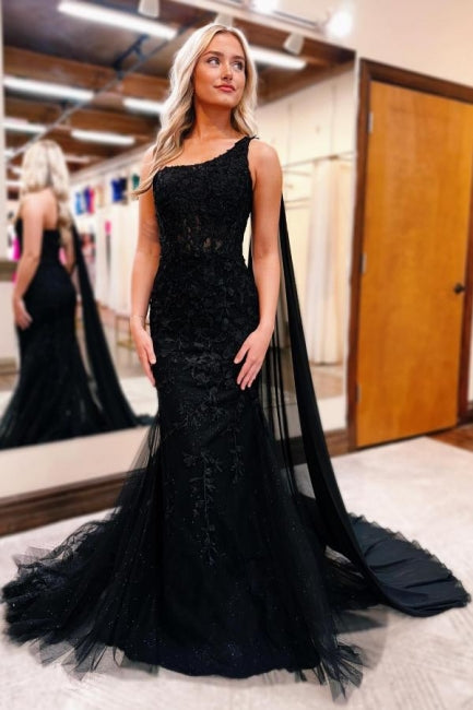 Gorgeous Long Black One Shoulder Mermaid Glitter Prom Dress with Lace Accents