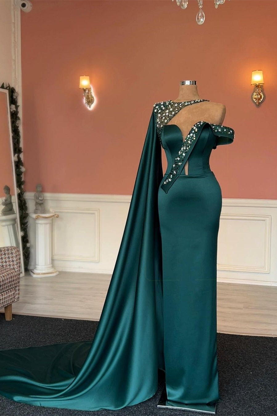 Fabulous Mermaid Dark Green Crystals Prom Dress With Lace