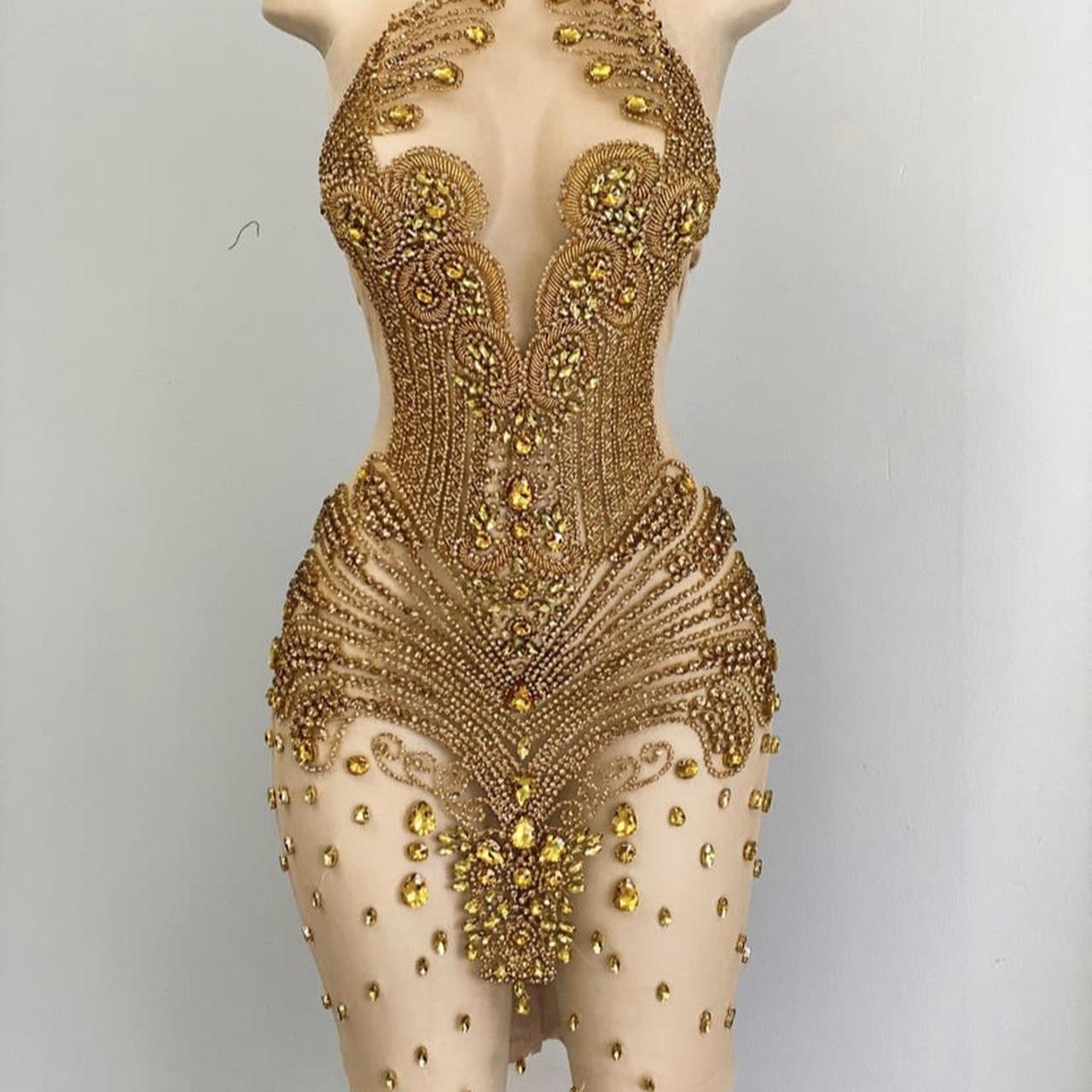 Sexy Gold Mermaid Gorgeous Long Lace Sleeveless Prom Dress