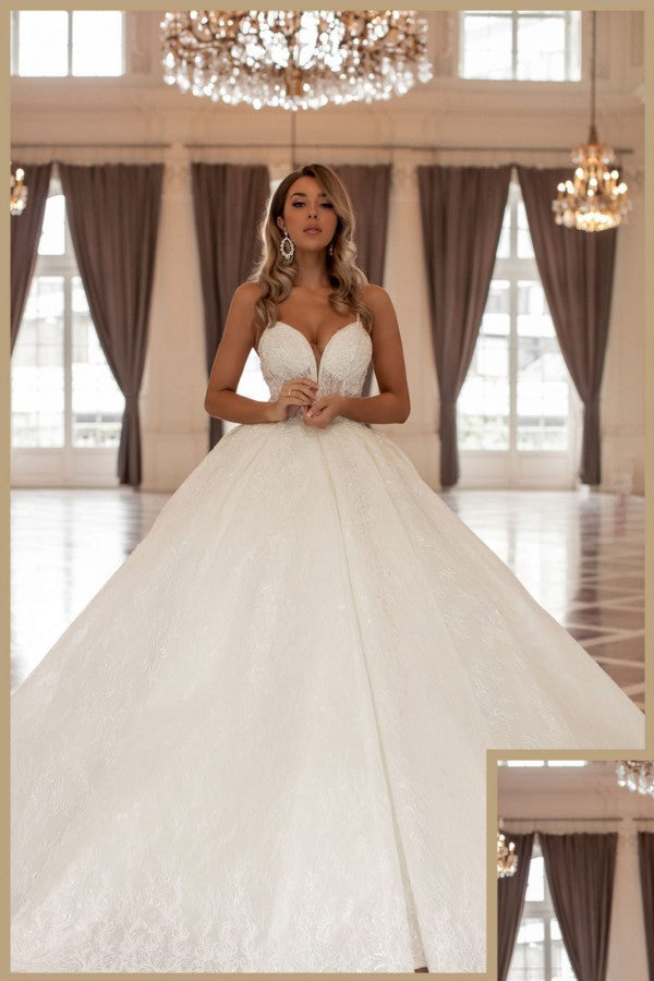 Gorgeous Long Long V-Neck Sleeveless Princess Wedding Dresses Online With Lace