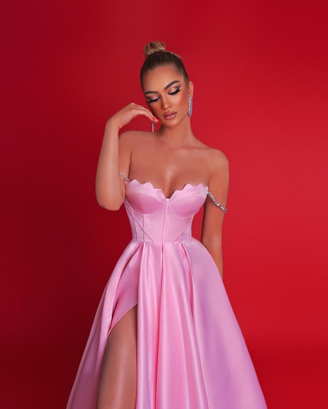 Gorgeous Long Pink A-line Off-Shoulder Prom Dress with a Beautiful Slit