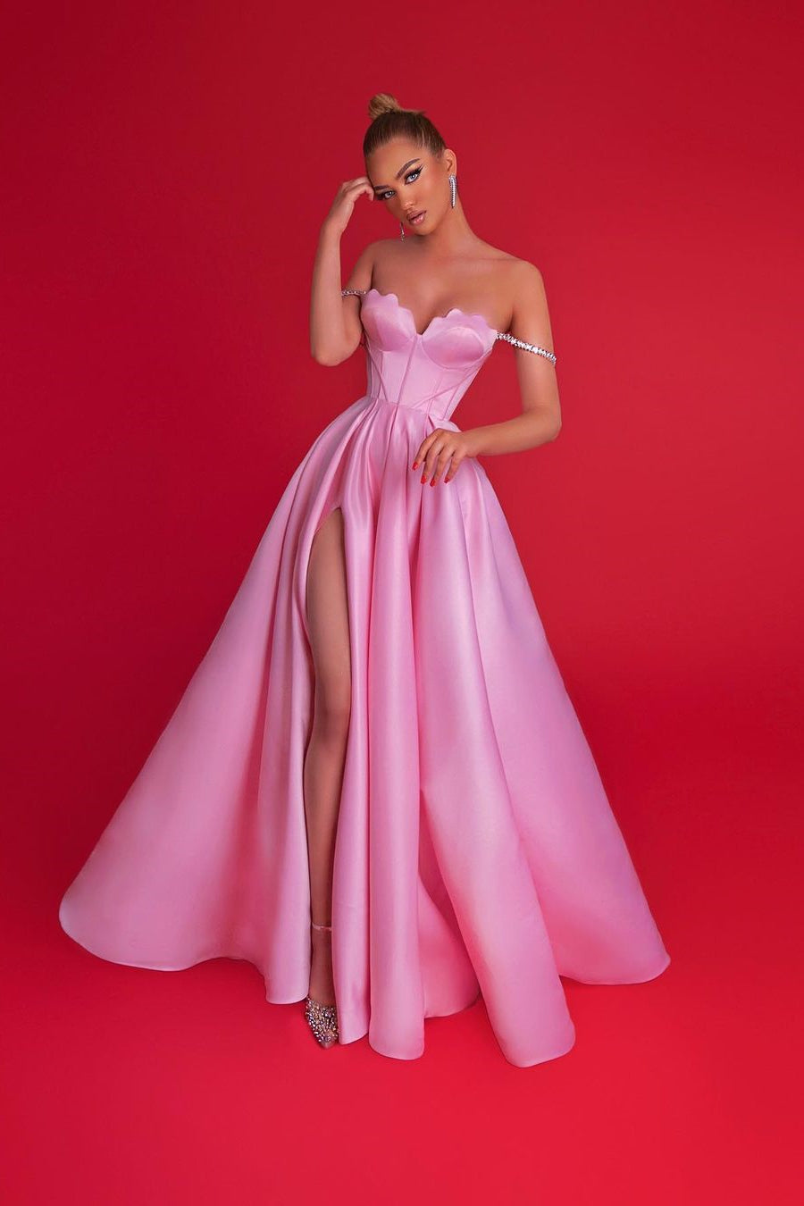 Gorgeous Long Pink A-line Off-Shoulder Prom Dress with a Beautiful Slit