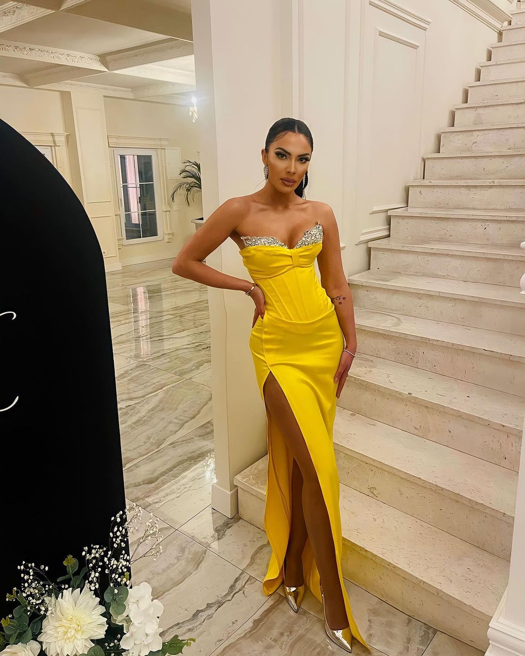 Sexy Yellow Mermaid Strapless Floor-Length Prom Dress With Slit