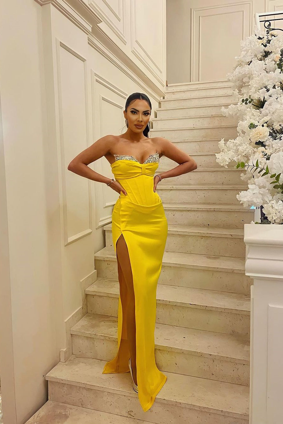 Sexy Yellow Mermaid Strapless Floor-Length Prom Dress With Slit