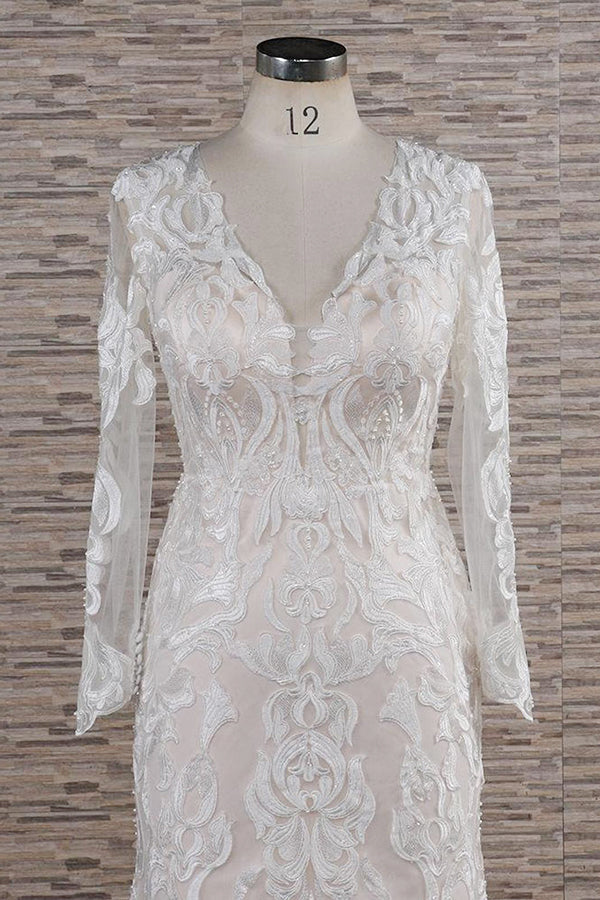 Gorgeous Longsleeves V-neck Mermaid Wedding Dresses White Lace Bridal Gowns With Appliques On Sale