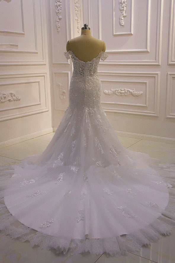 Gorgeous Mermaid Tulle Lace Wedding Dress Off-the-Shoulder Appliques Bridal Gowns with Sequins