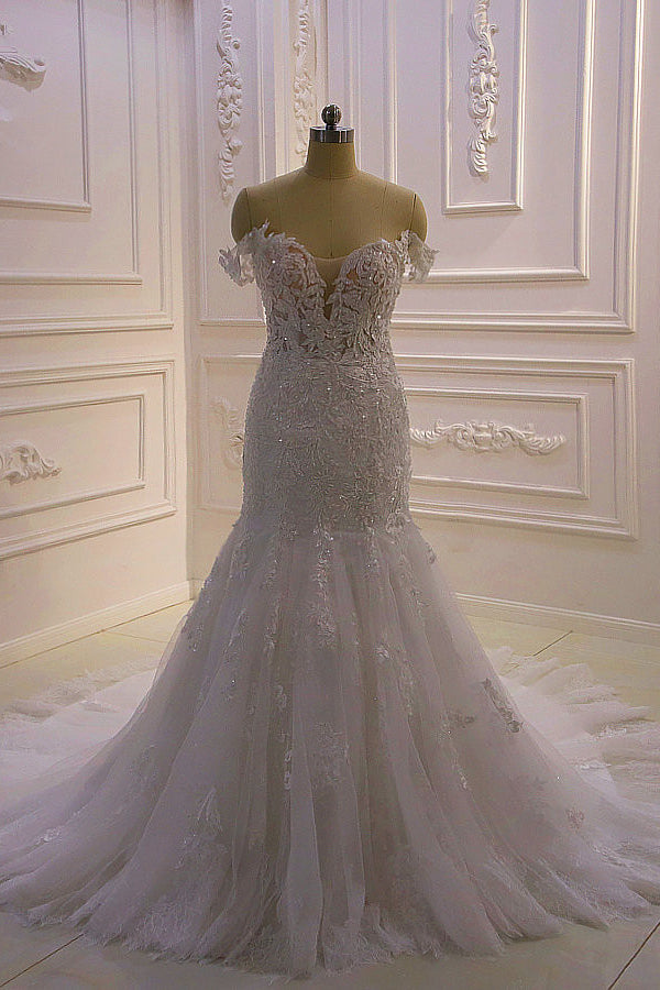 Gorgeous Mermaid Tulle Lace Wedding Dress Off-the-Shoulder Appliques Bridal Gowns with Sequins