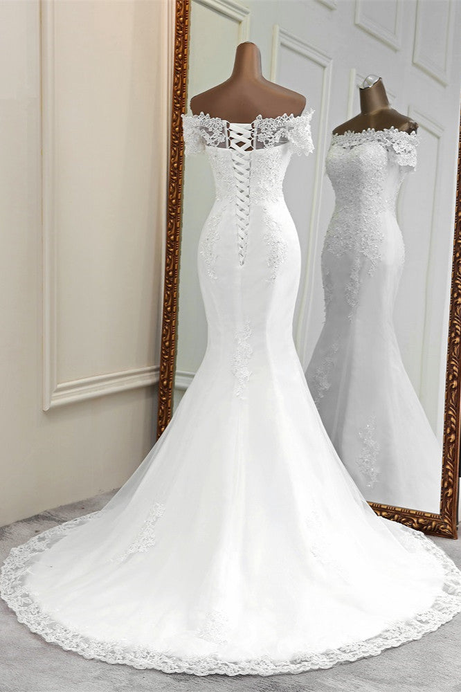 Gorgeous Off-the-Shoulder Lace Mermaid Wedding Dresses Short Sleeves Rhinestons Bridal Gowns