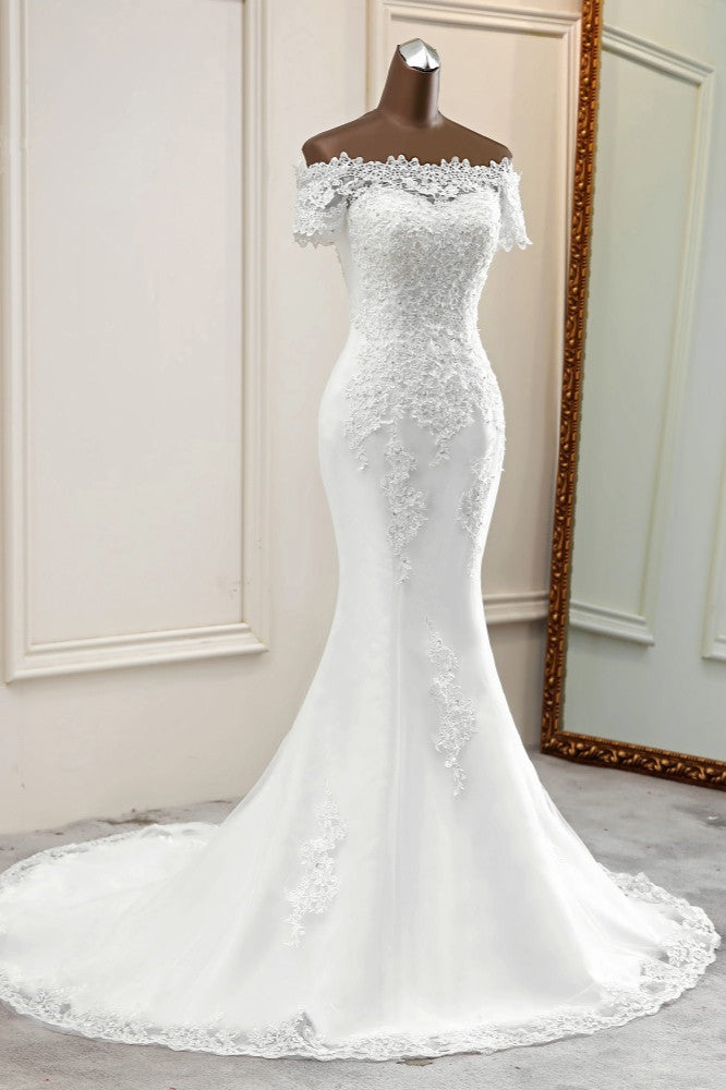 Gorgeous Off-the-Shoulder Lace Mermaid Wedding Dresses Short Sleeves Rhinestons Bridal Gowns