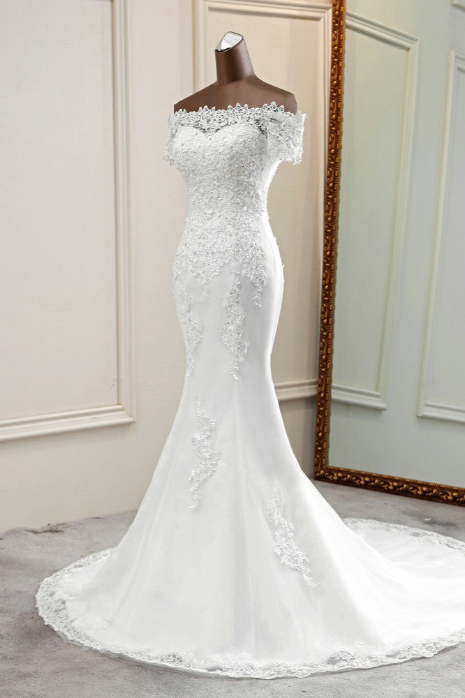 Gorgeous Off-the-Shoulder Lace Mermaid Wedding Dresses Short Sleeves Rhinestons Bridal Gowns