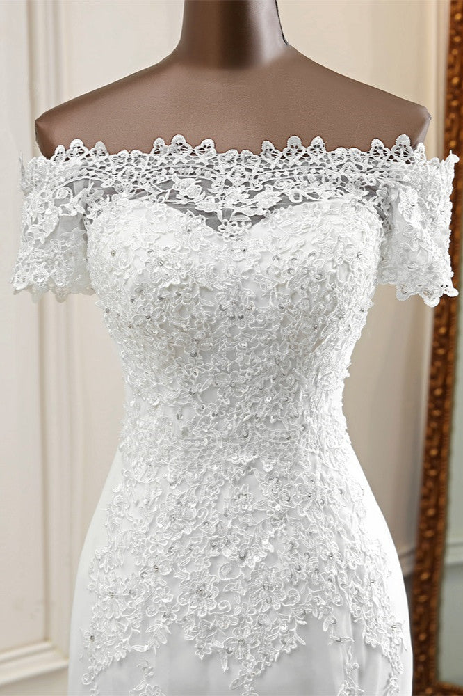 Gorgeous Off-the-Shoulder Lace Mermaid Wedding Dresses Short Sleeves Rhinestons Bridal Gowns