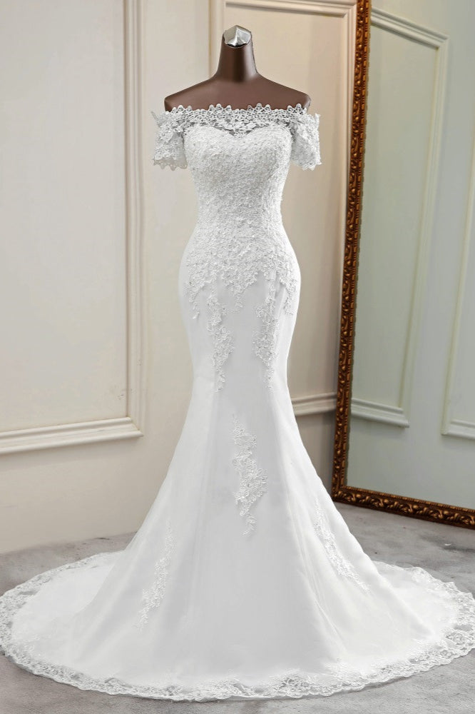 Gorgeous Off-the-Shoulder Lace Mermaid Wedding Dresses Short Sleeves Rhinestons Bridal Gowns