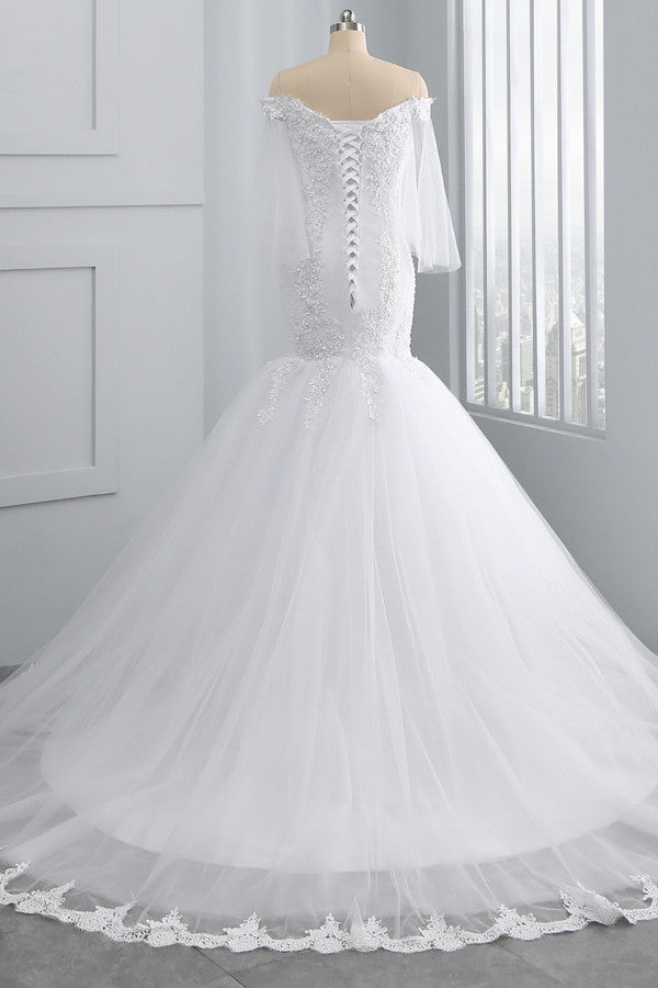 Gorgeous Off-the-Shoulder Sweetheart Tulle Wedding Dress White Mermaid Lace Appliques Bridal Gowns