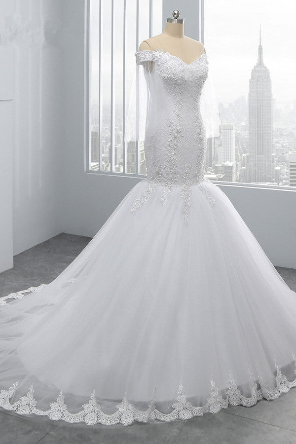 Gorgeous Off-the-Shoulder Sweetheart Tulle Wedding Dress White Mermaid Lace Appliques Bridal Gowns