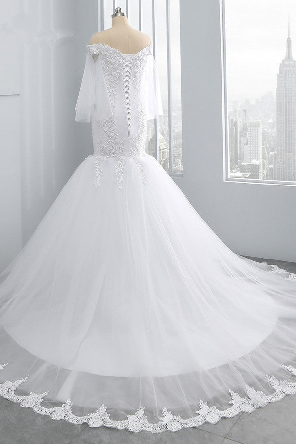 Gorgeous Off-the-Shoulder Sweetheart Tulle Wedding Dress White Mermaid Lace Appliques Bridal Gowns