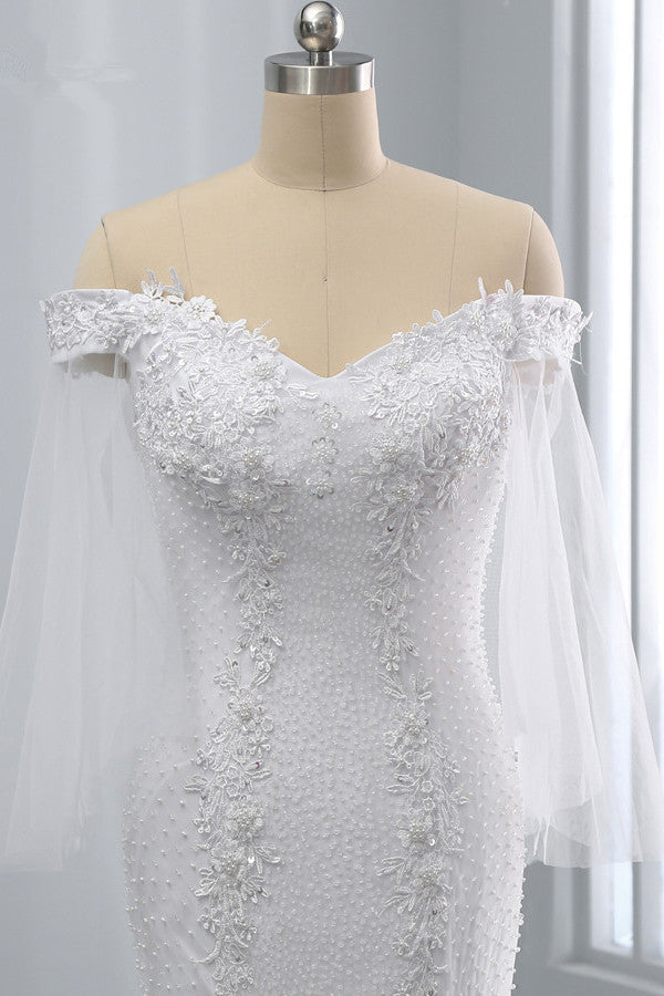 Gorgeous Off-the-Shoulder Sweetheart Tulle Wedding Dress White Mermaid Lace Appliques Bridal Gowns