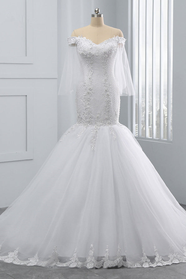 Gorgeous Off-the-Shoulder Sweetheart Tulle Wedding Dress White Mermaid Lace Appliques Bridal Gowns