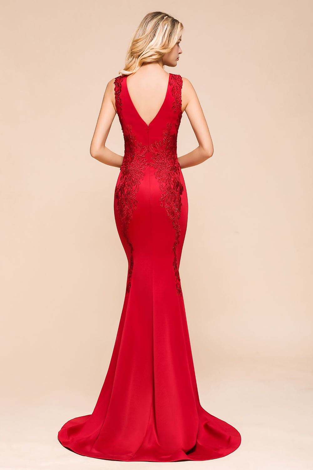 Gorgeous Red Mermaid V-Neck Prom Dress Long With Lace Appliques