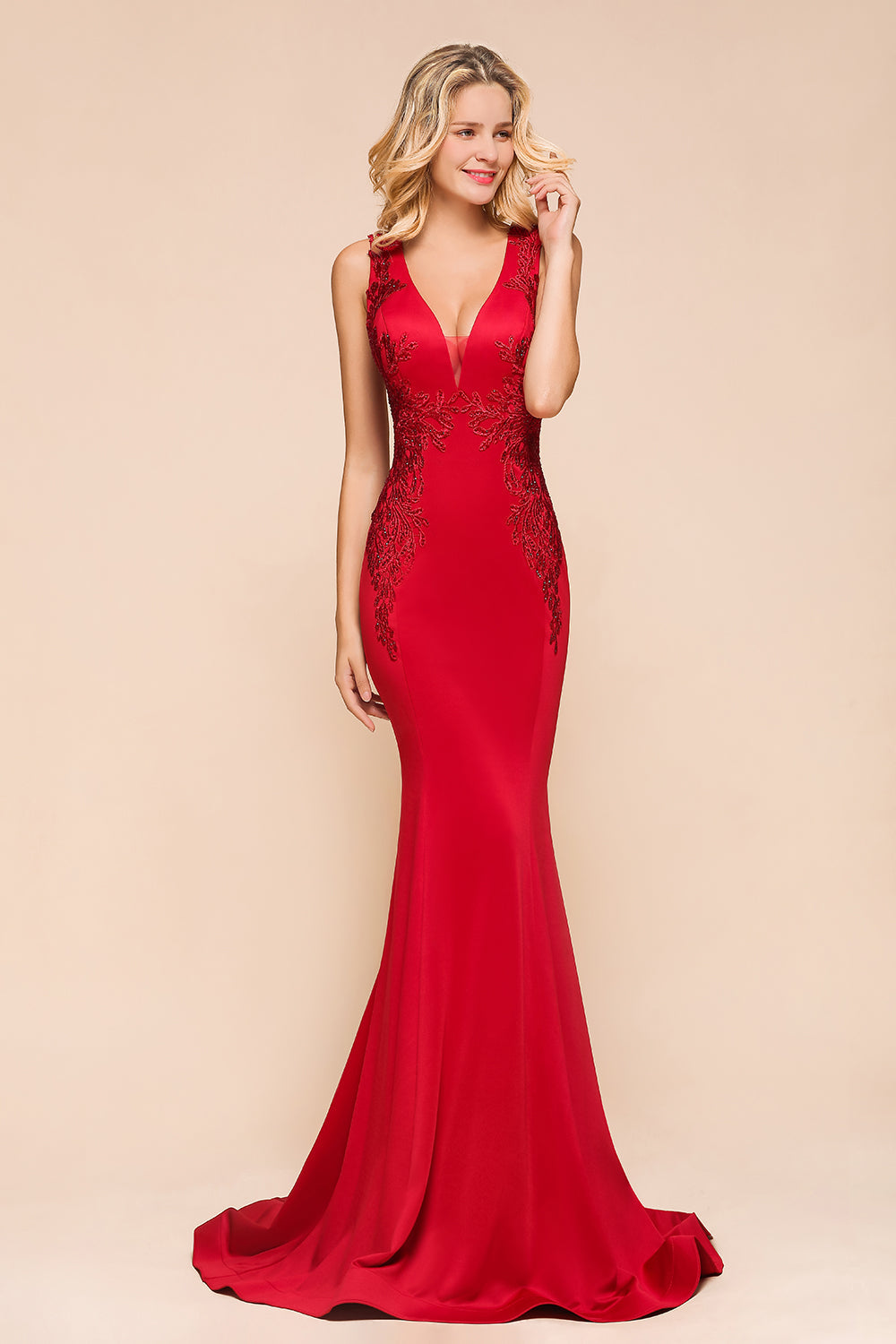 Gorgeous Red Mermaid V-Neck Prom Dress Long With Lace Appliques