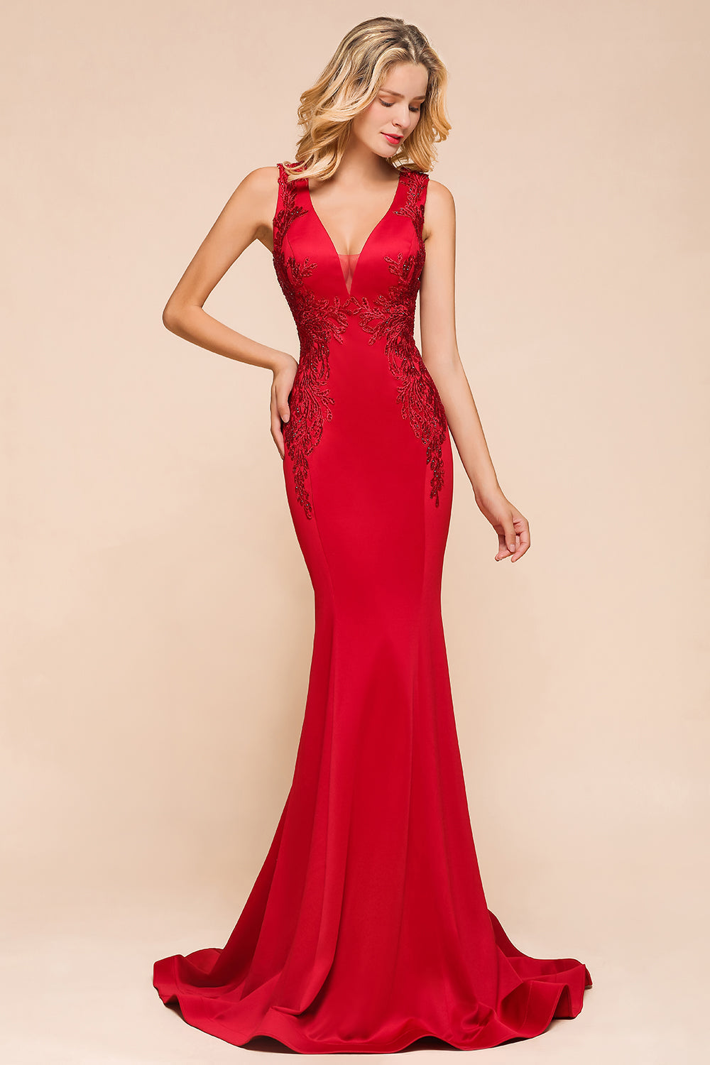 Gorgeous Red Mermaid V-Neck Prom Dress Long With Lace Appliques