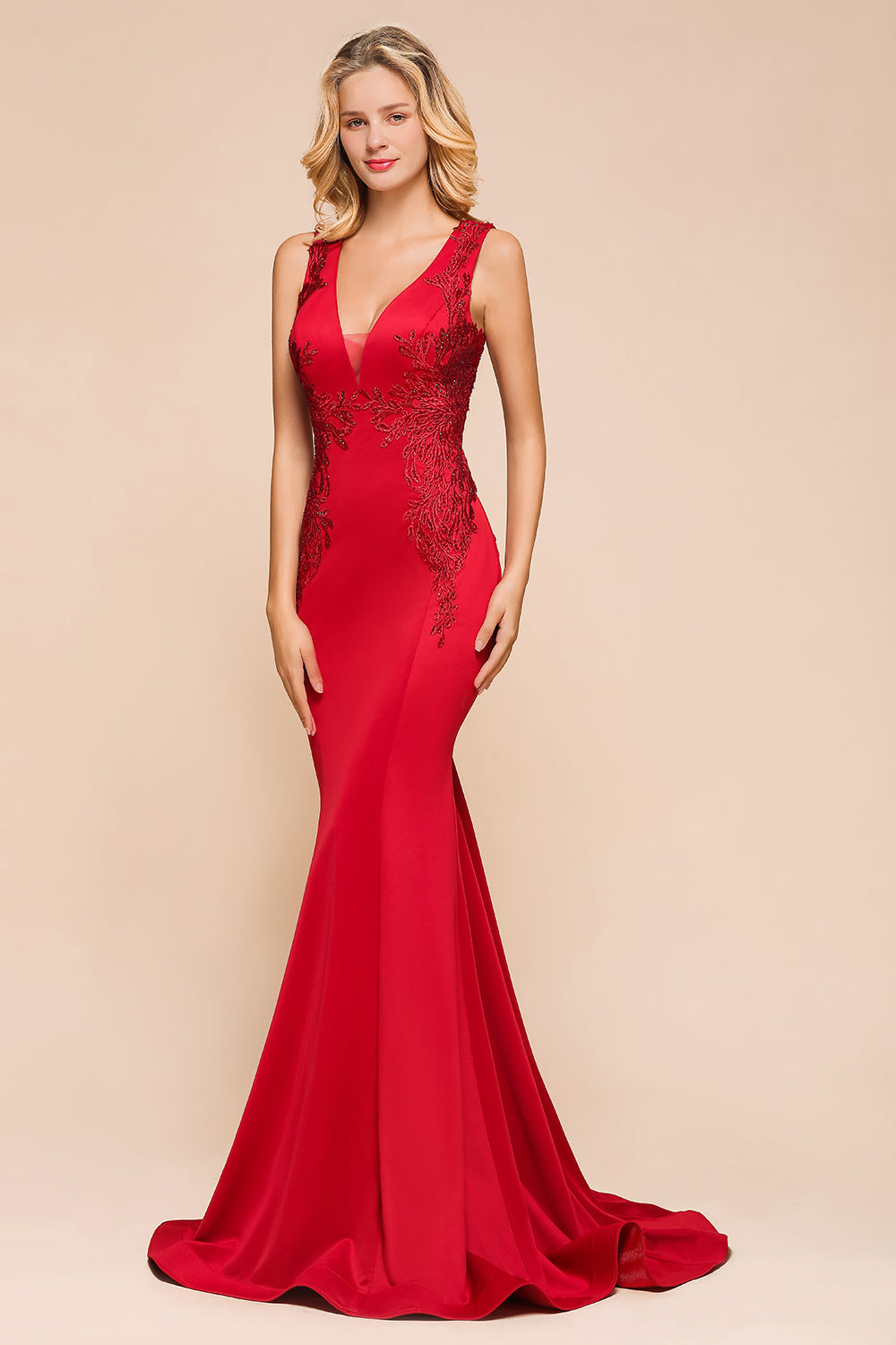 Gorgeous Red Mermaid V-Neck Prom Dress Long With Lace Appliques