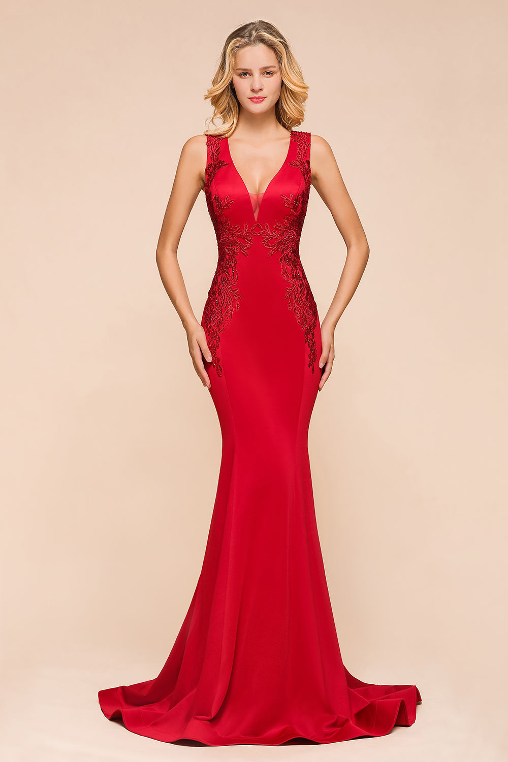 Gorgeous Red Mermaid V-Neck Prom Dress Long With Lace Appliques