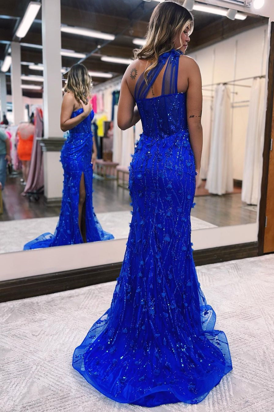 Gorgeous Royal Blue One Shoulder Mermaid Lace Prom Dress Split Online