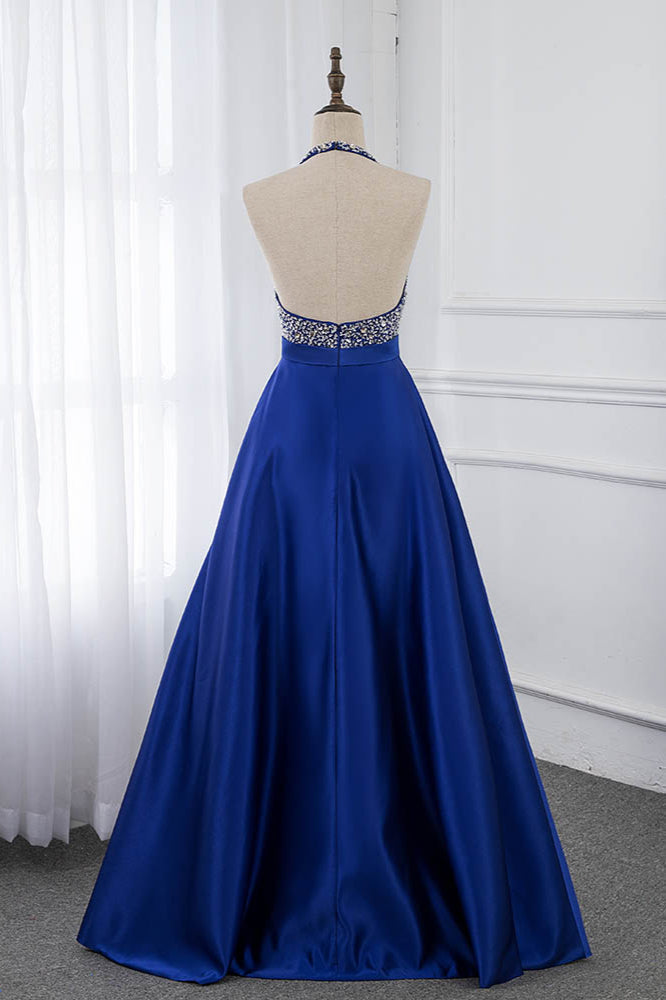 Gorgeous Satin Halter Ruffle Backless Prom Dresses with Beadings Top