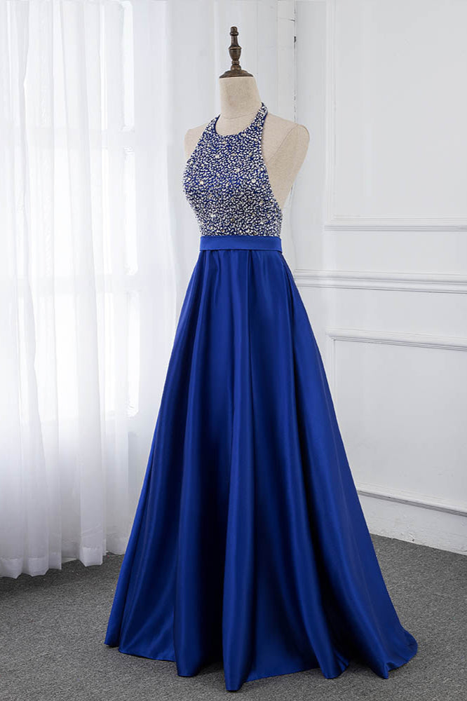 Gorgeous Satin Halter Ruffle Backless Prom Dresses with Beadings Top