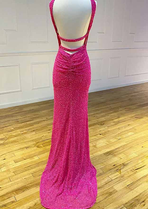 Gorgeous Sequins Prom Dress/Evening Dress with Split - Sheath/Column Halter Sleeveless Court Train Velvet