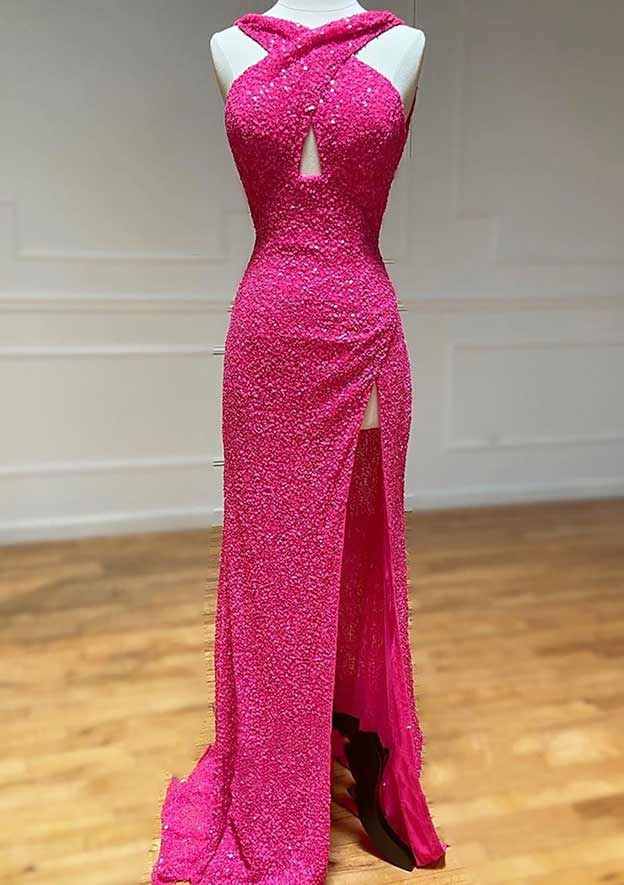 Gorgeous Sequins Prom Dress/Evening Dress with Split - Sheath/Column Halter Sleeveless Court Train Velvet