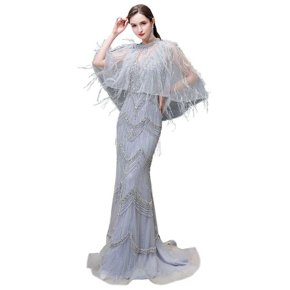 Gorgeous Silver Feather Cape Mermaid Sparkle Prom Party Gowns