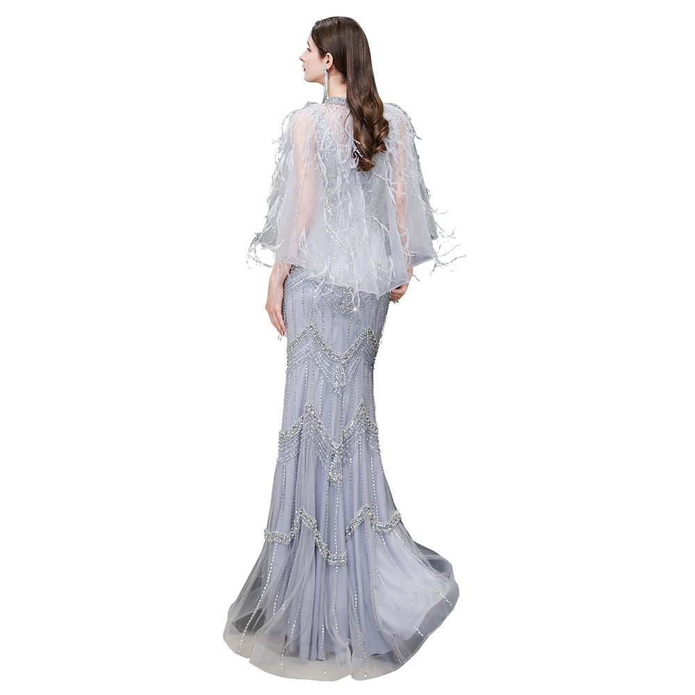 Gorgeous Silver Feather Cape Mermaid Sparkle Prom Party Gowns