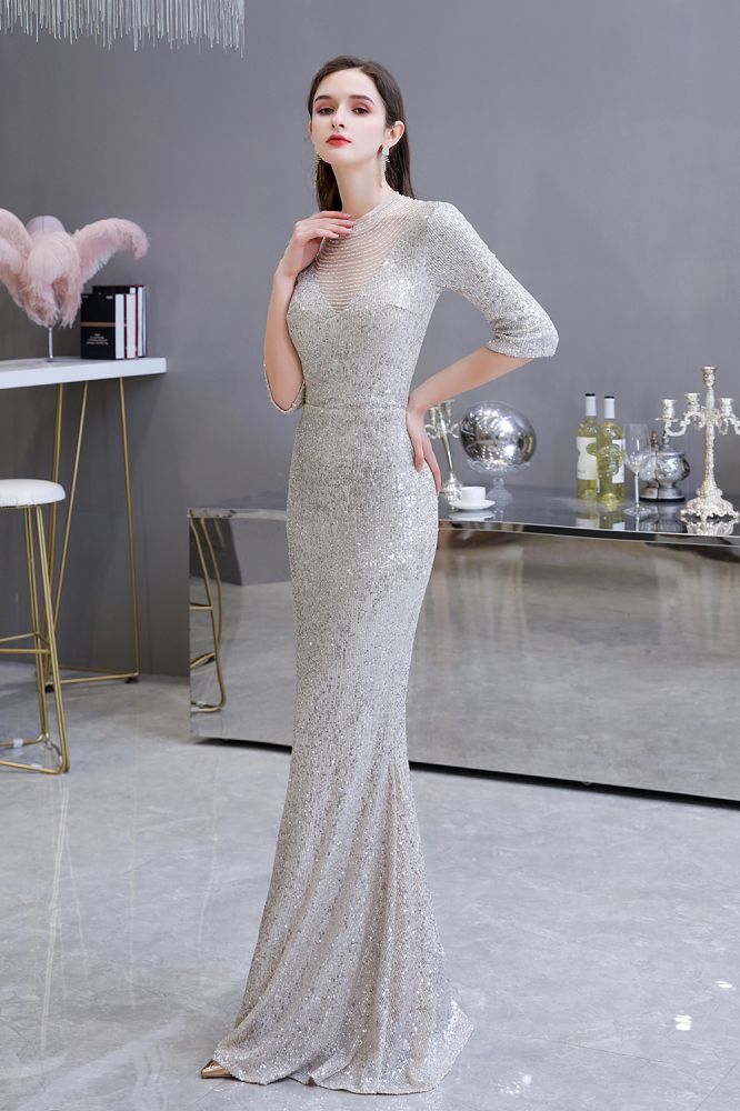 Gorgeous Silver Long Sleevess Long Prom Party Gowns