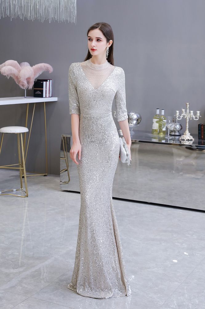 Gorgeous Silver Long Sleevess Long Prom Party Gowns