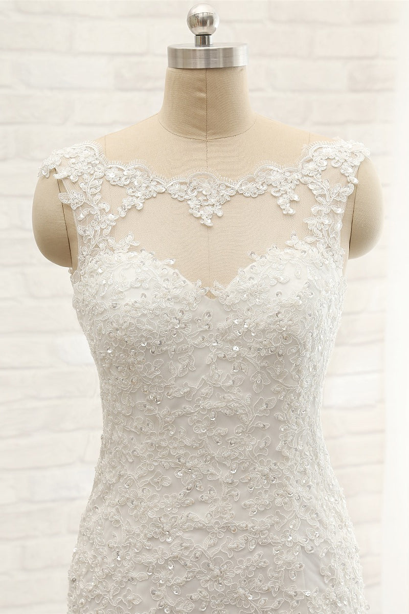 Gorgeous Sleeveless Appliques Beadings Wedding Dress Jewel Tulle White Bridal Gowns On Sale