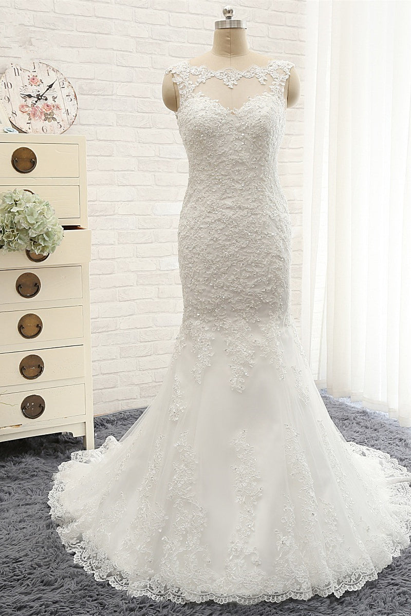 Gorgeous Sleeveless Appliques Beadings Wedding Dress Jewel Tulle White Bridal Gowns On Sale