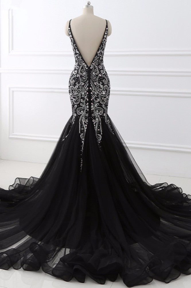 Gorgeous Spaghetti Straps Black Mermaid Prom Dresses with Rhinestones