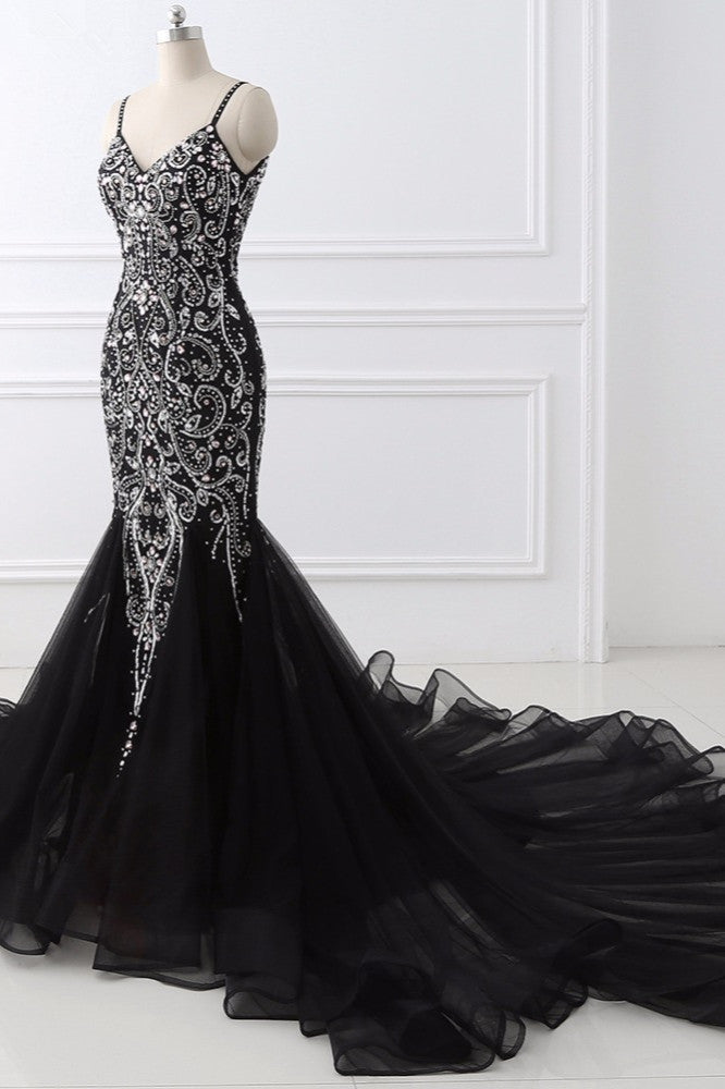 Gorgeous Spaghetti Straps Black Mermaid Prom Dresses with Rhinestones