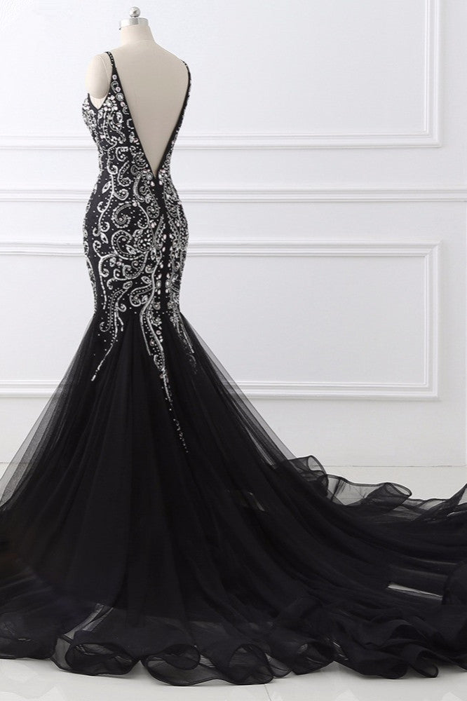 Gorgeous Spaghetti Straps Black Mermaid Prom Dresses with Rhinestones