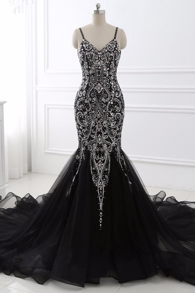 Gorgeous Spaghetti Straps Black Mermaid Prom Dresses with Rhinestones