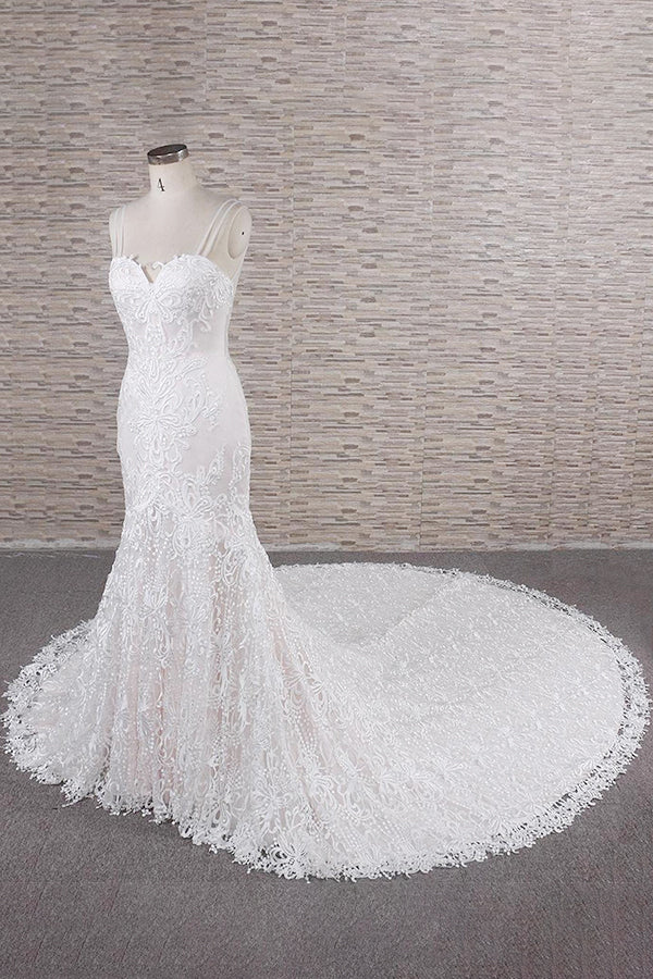 Gorgeous Spaghetti Straps Mermaid Wedding Dresses With Appliques Ivory Sleeveless Bridal Gowns