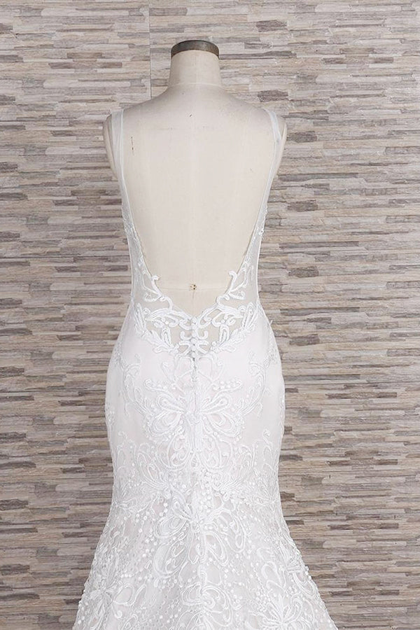 Gorgeous Spaghetti Straps Mermaid Wedding Dresses With Appliques Ivory Sleeveless Bridal Gowns