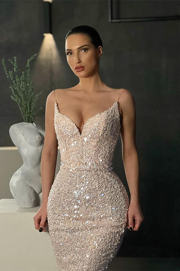 Gorgeous Spaghetti-Straps Sequins Mermaid Evening Dress Long On Sale