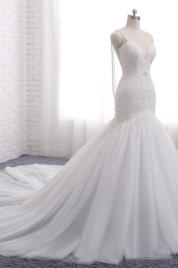 Gorgeous Spaghetti Straps V-Neck Mermaid Wedding Dress White Lace Appliques Sleeveless Bridal Gowns