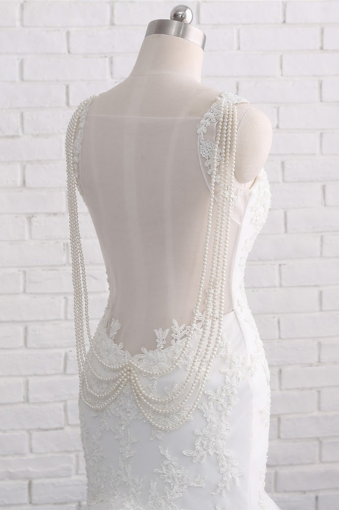 Gorgeous Spaghetti Straps V-Neck Mermaid Wedding Dress White Lace Appliques Sleeveless Bridal Gowns