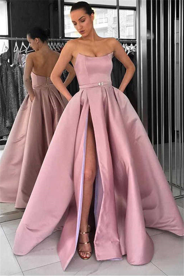 Gorgeous Strapless Long Prom Dress Slit With Pockets