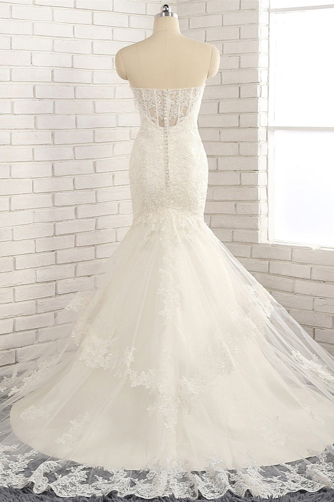 Gorgeous Strapless Sleeveless Lace Tulle Wedding Dress Sweetheart Appliques Mermaid Bridal Gowns