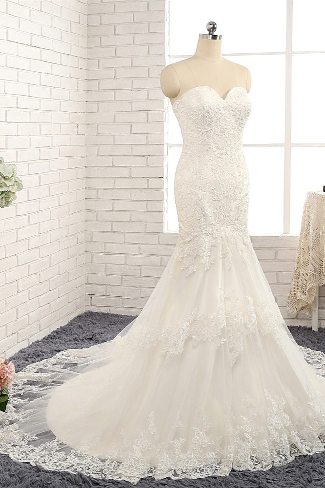 Gorgeous Strapless Sleeveless Lace Tulle Wedding Dress Sweetheart Appliques Mermaid Bridal Gowns